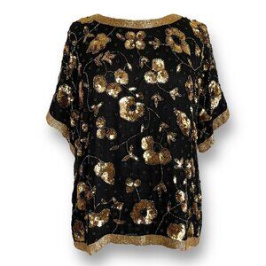 Vintage 1980's Womens Silk Beaded Top Sz M L Black Gold Floral Sequin Blouse